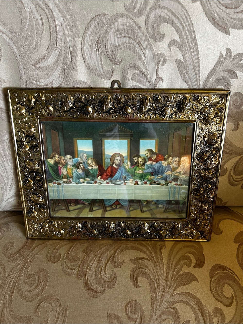 Vintage The Last Supper Wall Art Stamped Metal Floral Brass Frame MCM Home Decor